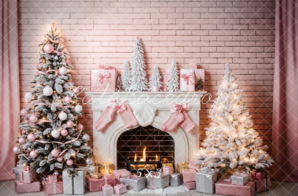 Kate Pink Christmas Tree Fireplace Backdrop Designed by Emetselch