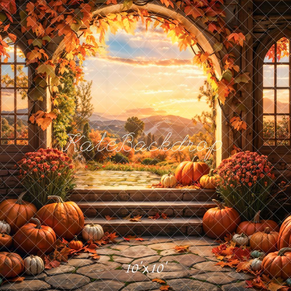 Arco de fondo de calabaza de otoño en el bosque al atardecer diseñado por Emetselch