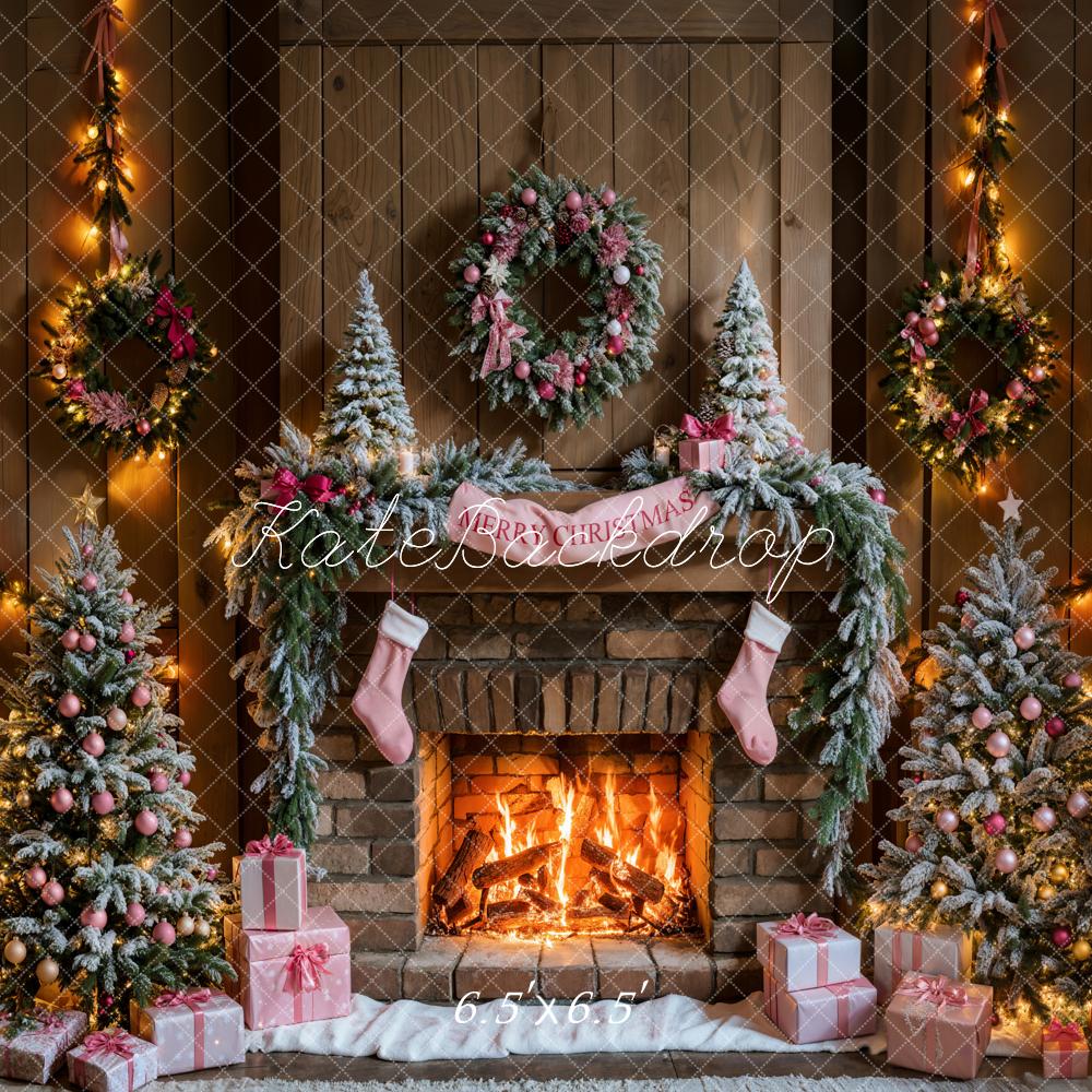 Kate Christmas Tree Fireplace Pink Gift Box Wooden Wall Backdrop Designed by Emetselch