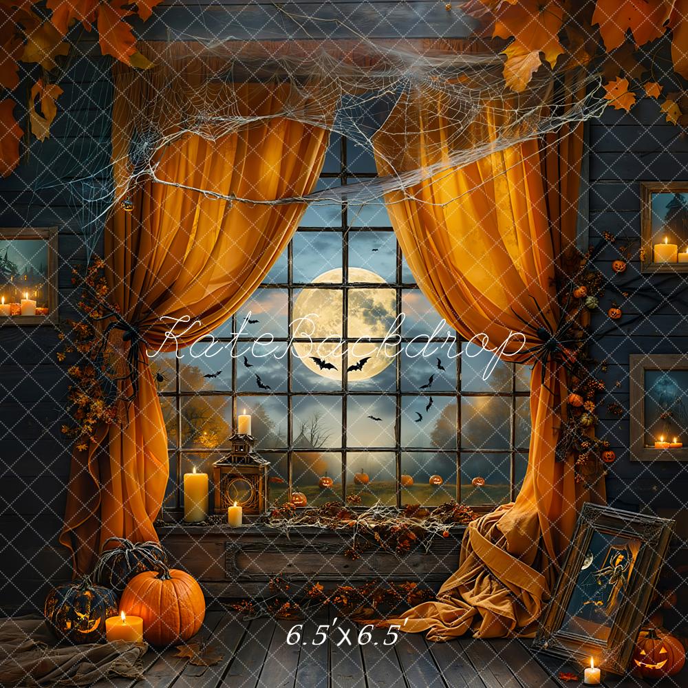 Kate Halloween Night Bat Orange Curtain Black Framed Window Backdrop Designed by Emetselch