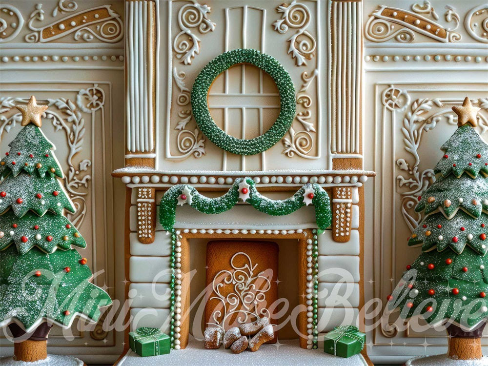 Sfondo natalizio colorato per camino di pan di zenzero progettato da Mini MakeBelieve