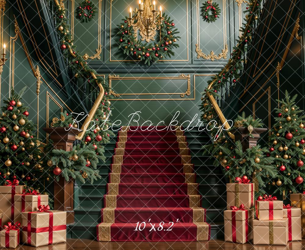 Kate Christmas Indoor Dark Green Retro Staircase Backdrop Designed by Emetselch