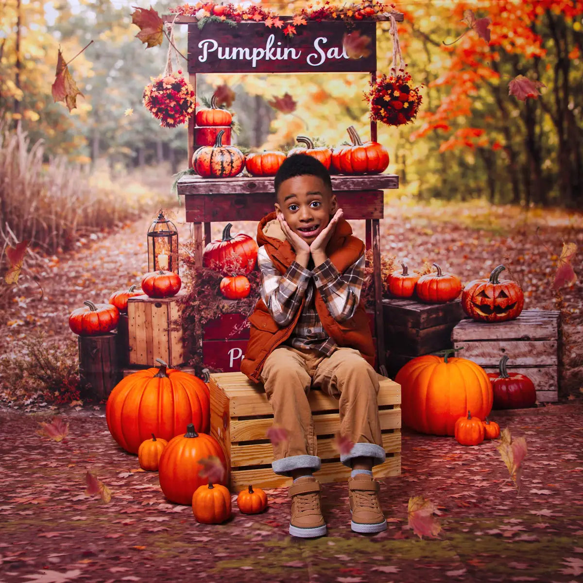 Kate Fall Forest Halloween Pumpkin Stand Backdrop Designed by Emetselch