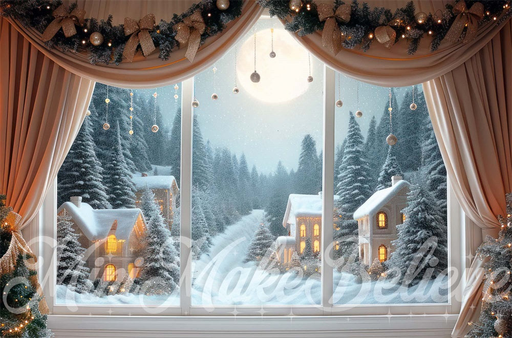 Notte di Natale Tendina Beige Cornice Finestra Sfondo Realizzato da Mini MakeBelieve