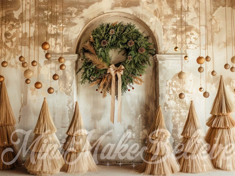 Kate Christmas Wreath Boho Vintage Beige Arched Wall Backdrop Designed by Mini MakeBelieve