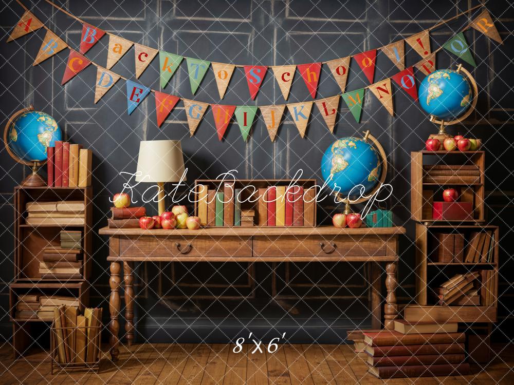 Kate Back to School Globe Books Black Retro Wall Backdrop Designed by Emetselch