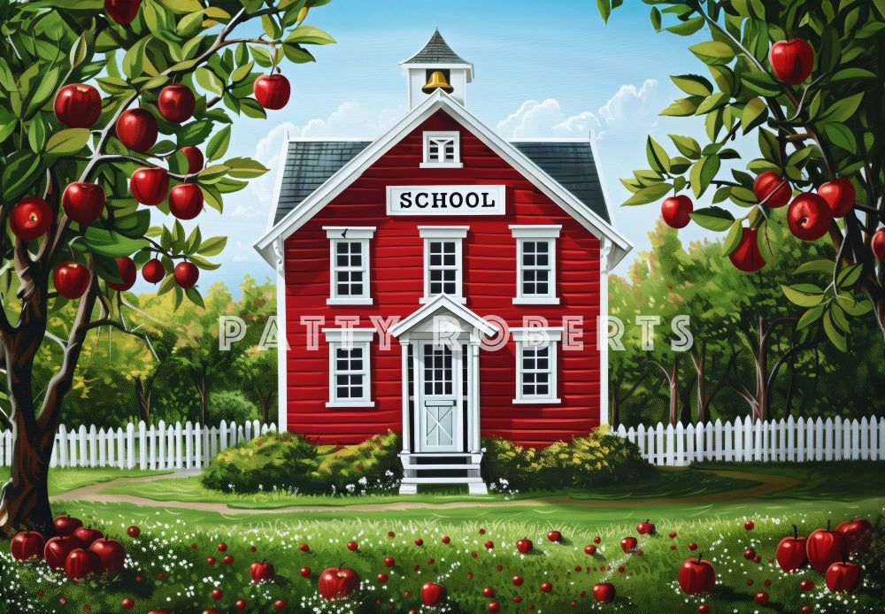 Fondo de escuela de regreso con dibujos animados, casa roja y árbol de manzana diseñado por Patty Robert