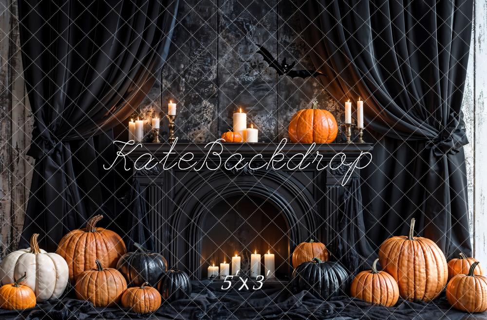 Kate Halloween Black Curtains Retro Fireplace Pumpkin Backdrop Designed by Emetselch