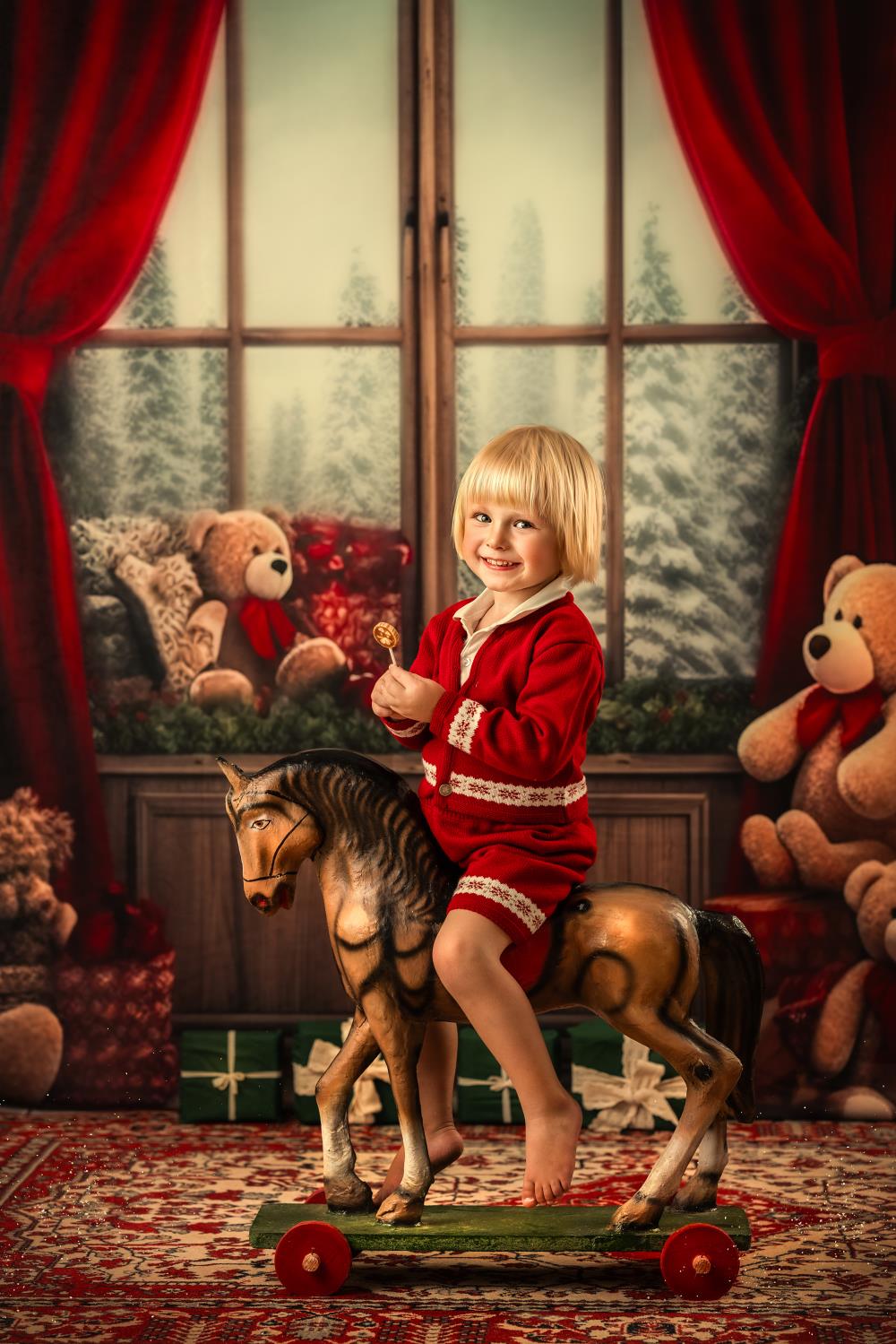 Christmas Room Teddy Bear Windows Backdrop Progettato da Chain Photography