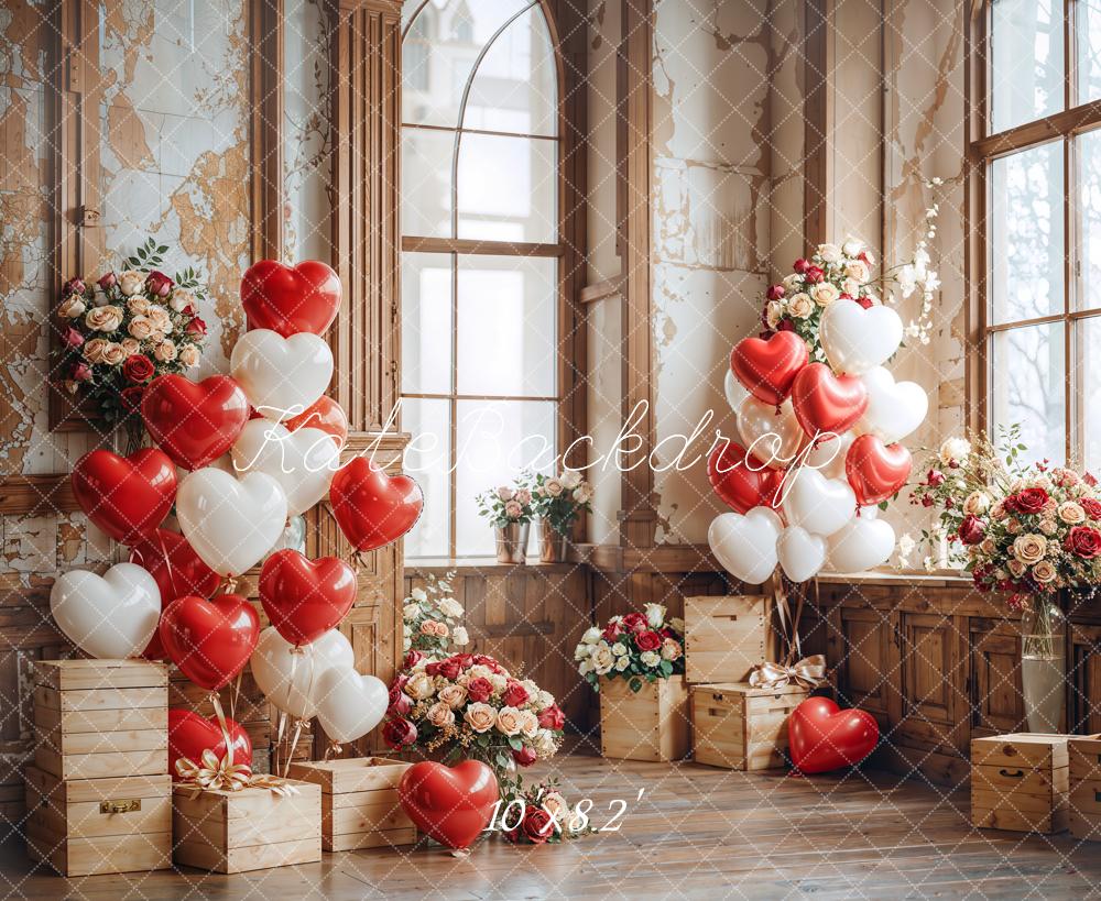 Kate Valentine Heart Balloons Wooden Vintage Backdrop Designed by Emetselch