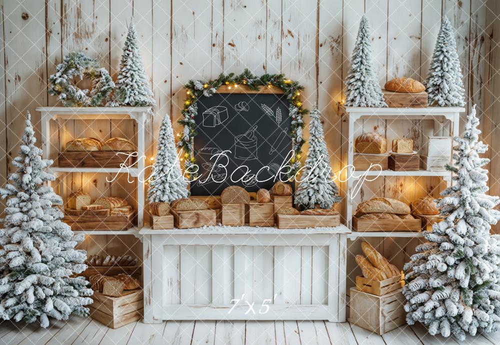 Kate Christmas Tree White Wooden Shelf Bread Chalkboard Backdrop Designed by Emetselch