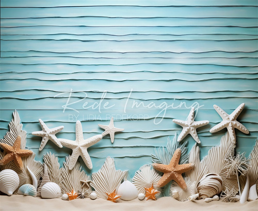 Kate Christmas Beach Starfish Blue Wall Backdrop Designed by Lidia Redekopp