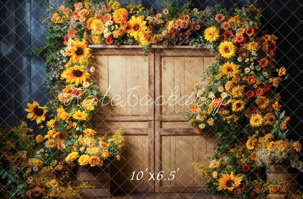 Fondo de puerta de madera con arco de flores coloridas de arte fino Otoño diseñado por Emetselch