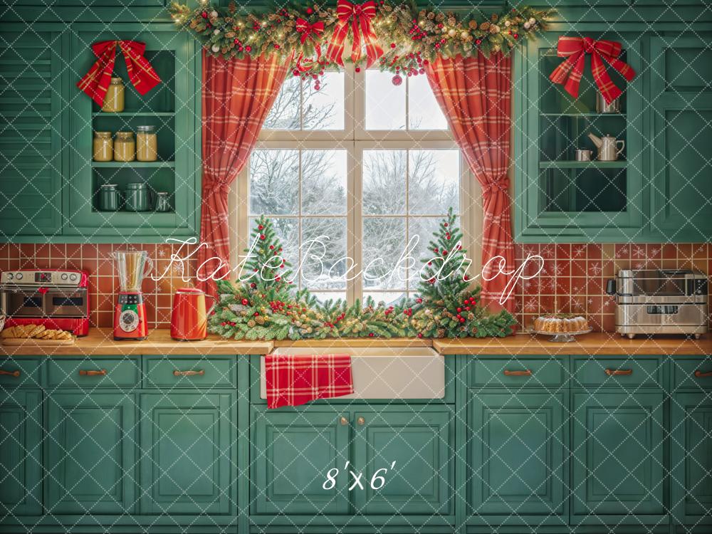 Kate Christmas Kitchen Green Cabinets Red Plaid Curtains Backdrop Designed by Emetselch