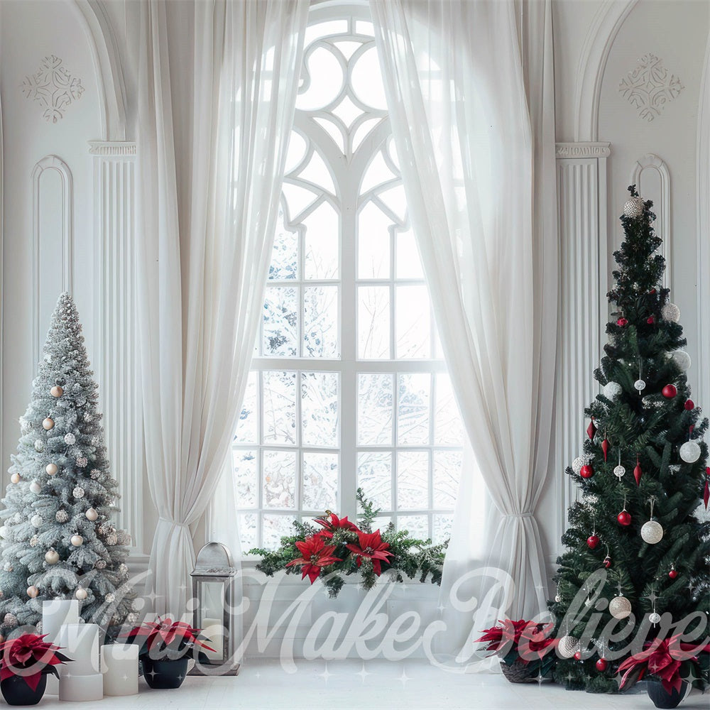 Kate Christmas Interior White Fine Art Floral Arched Window Backdrop Designed by Mini MakeBelieve