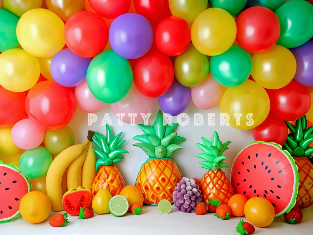 Fondo de arcos de globos coloridos de verano con frutas diseñado por Patty Robert