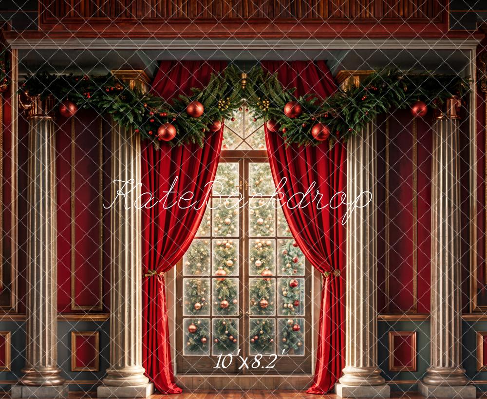 Kate Christmas Indoor Arched Window Red Retro Wall Backdrop Designed by Chain Photography