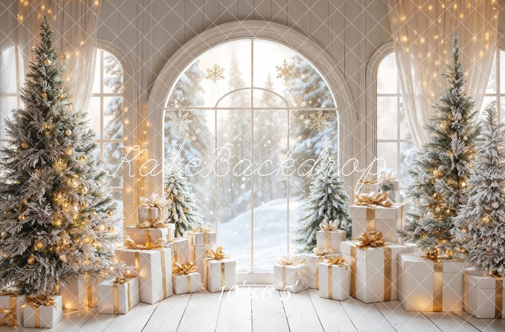 Kate White Arch Window With Christmas Tree Gifts Backdrop Designed by Emetselch