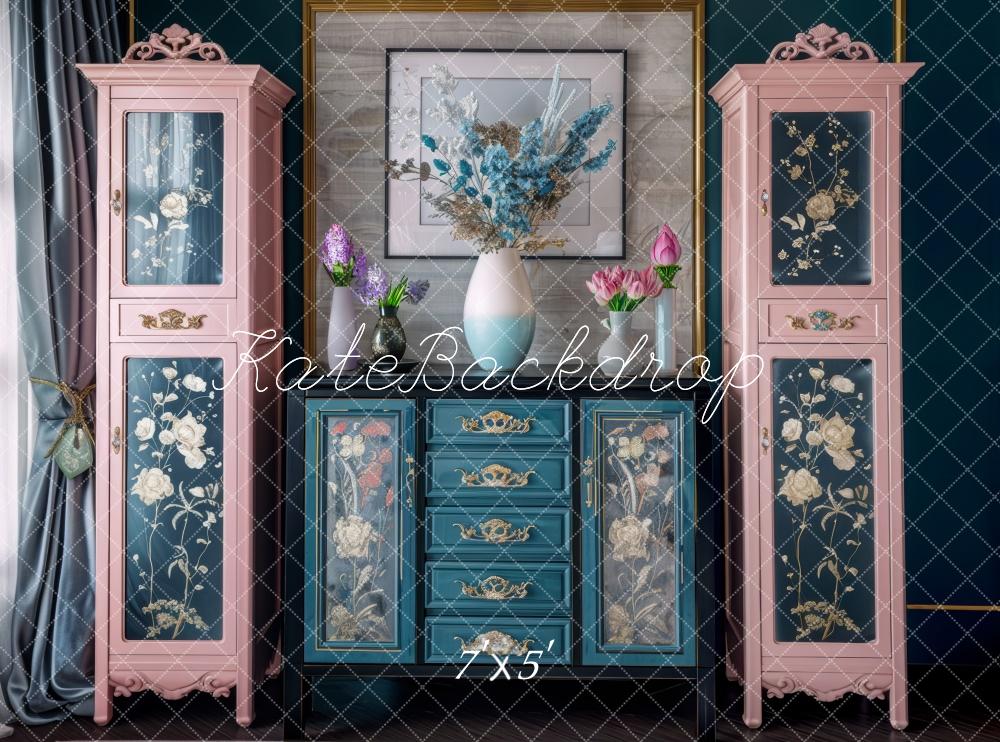 Kate Pink Teal Floral Cabinet Vintage Backdrop Designed by Mini MakeBelieve