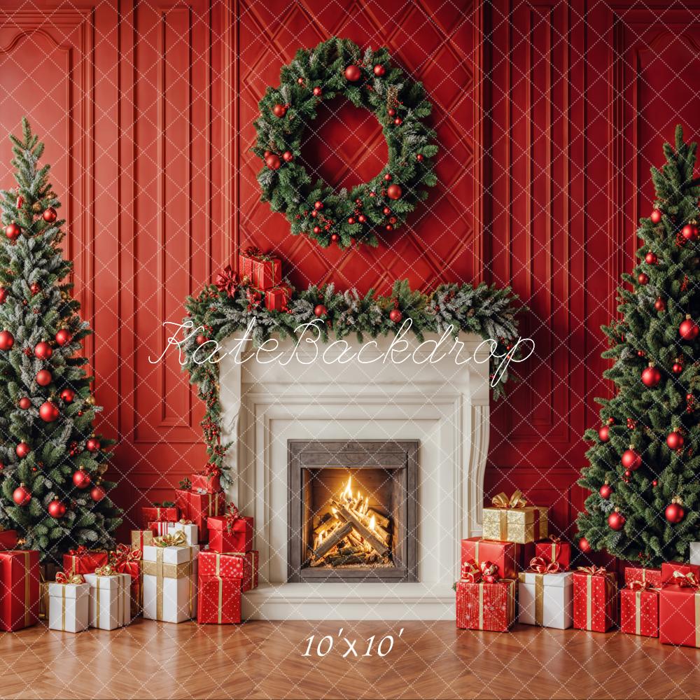 Kate Christmas Trees Fireplace Red Wall Backdrop Designed by Emetselch