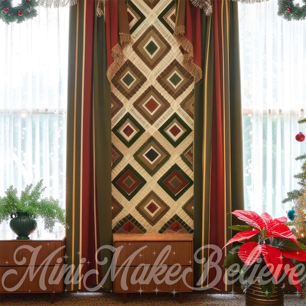 Kate Christmas Vintage Brown  White Plaid Floral Wall Backdrop Designed by Mini MakeBelieve