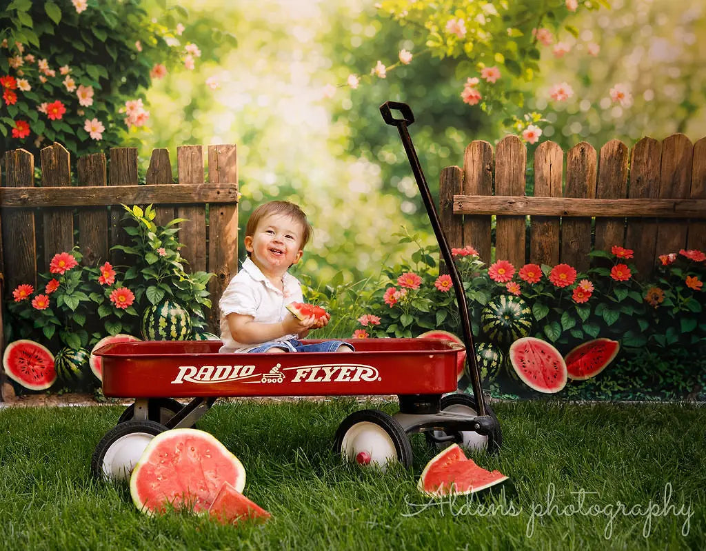 Kate Summer Bokeh Green Plant Colorful Flower Watermelon Brown Fence Backdrop Designed by Emetselch