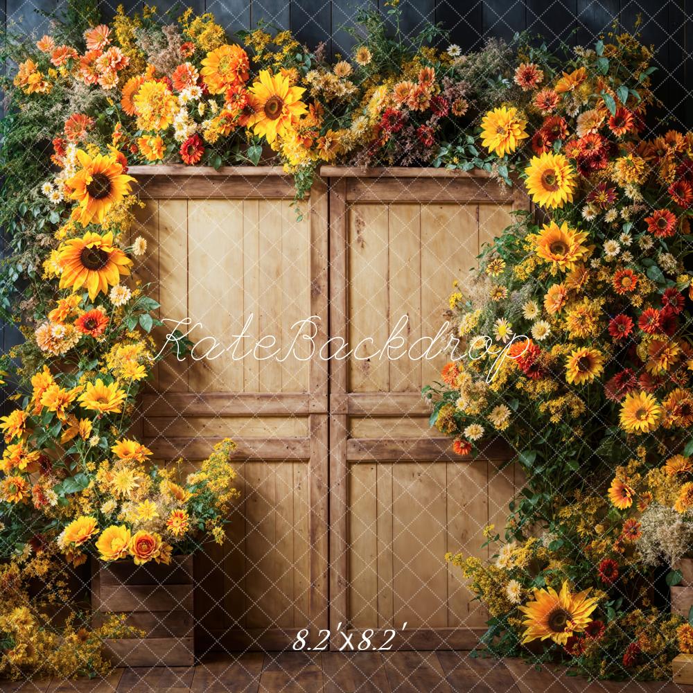 Fondo de puerta de madera con arco de flores coloridas de arte fino Otoño diseñado por Emetselch