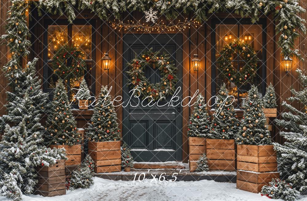 Fondo de Cabaña de Madera de Árbol de Navidad Puerta Negra Diseñado por Emetselch