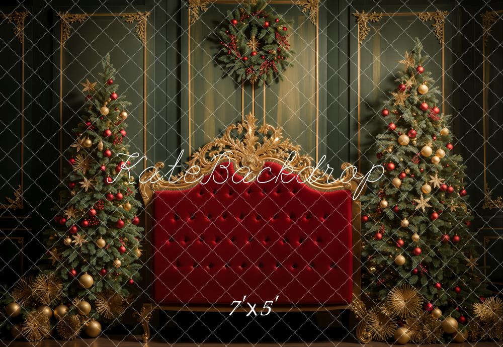 Kate Christmas Tree Red Headboard Dark Green Retro Wall Backdrop Designed by Emetselch