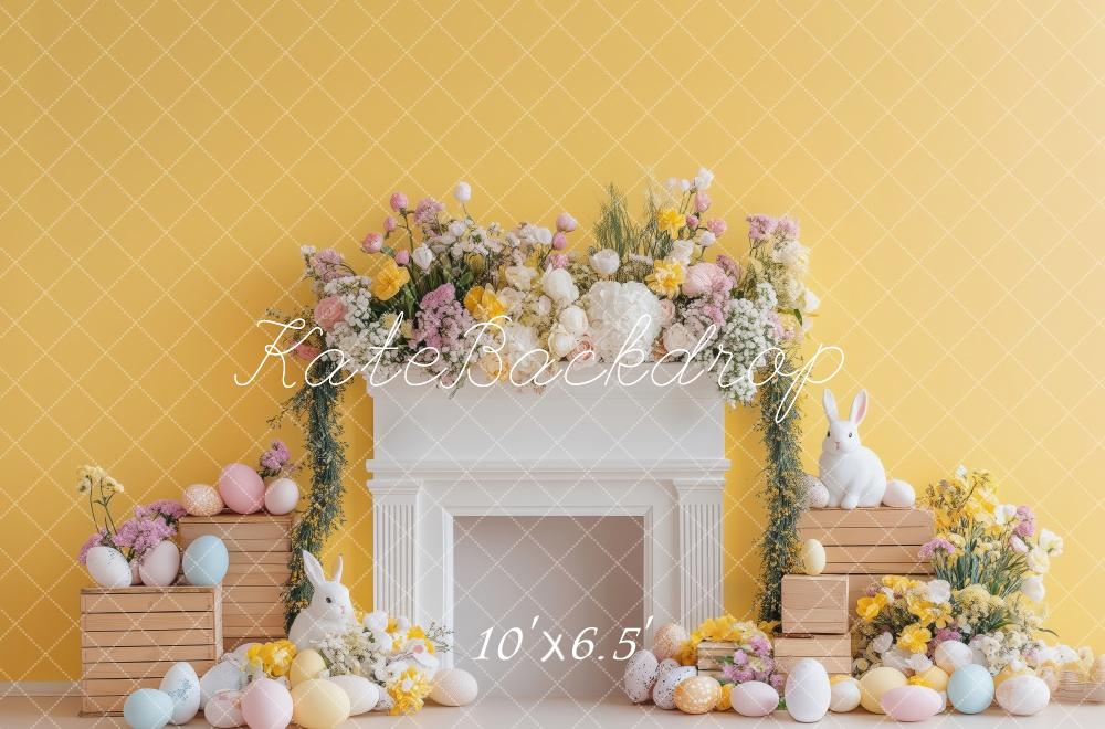 Kate Easter Bunny Floral Fireplace Yellow Backdrop Designed by Patty Roberts