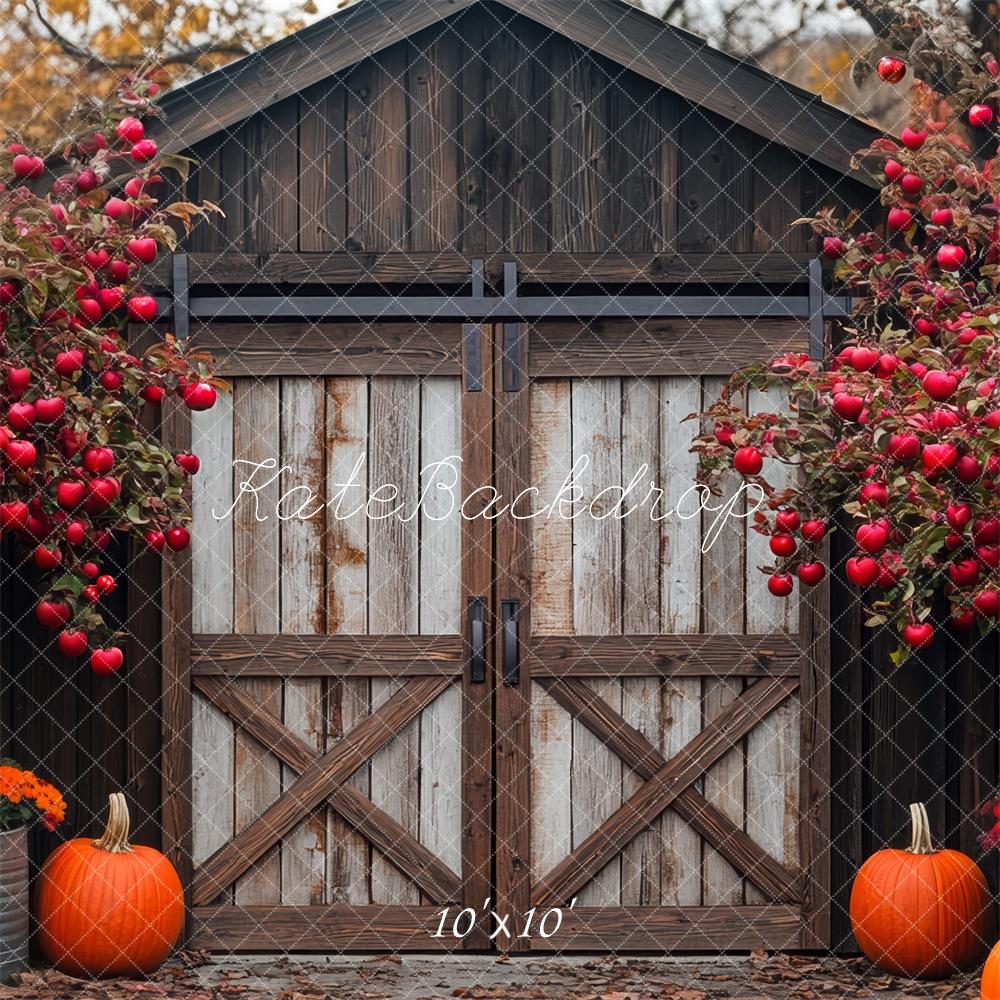 Kate Fall Pumpkin Apple Barn With Wooden Door Backdrop Designed by Mini MakeBelieve