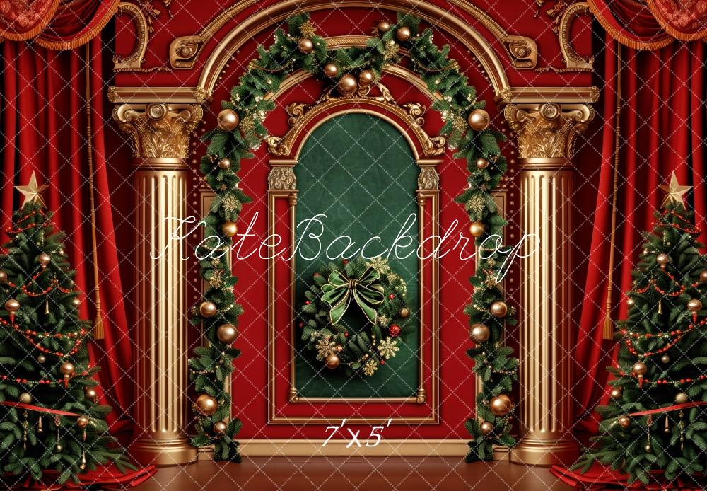 Kate Christmas Tree Red Curtains Retro Wall With Garland Backdrop Designed by Patty Robert