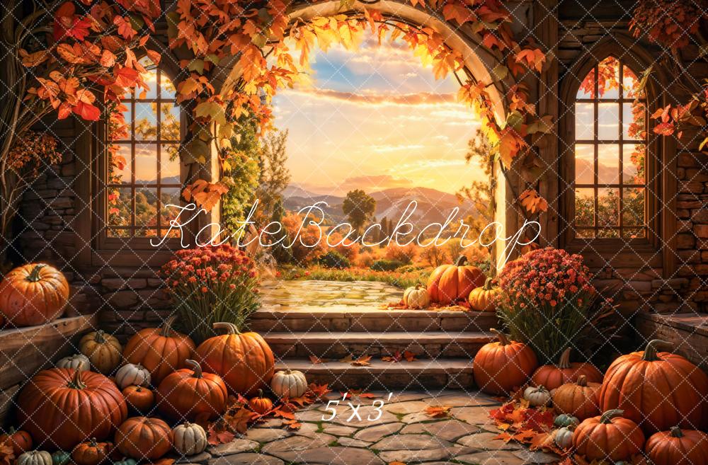 Arco de fondo de calabaza de otoño en el bosque al atardecer diseñado por Emetselch