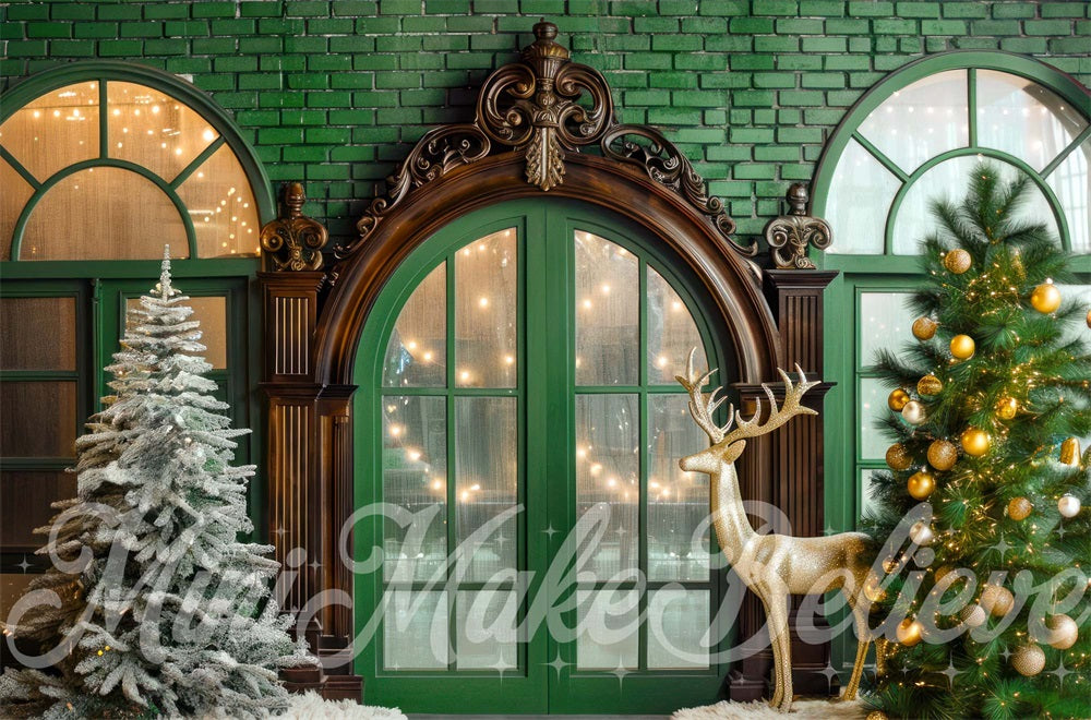 Kerst Golden Deer Retro Boog Raam Groene Bakstenen Wand Foto Achtergrond Designed by Mini MakeBelieve