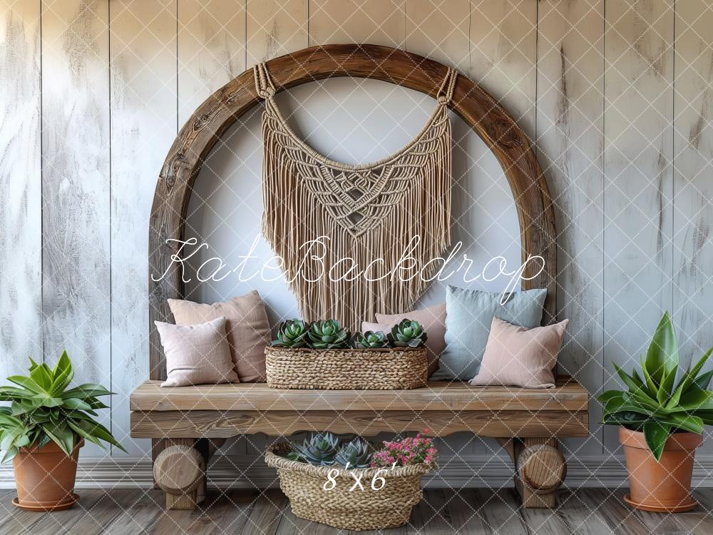 Boho Macrame Wood Bench Foto Achtergrond Designed by Mini MakeBelieve