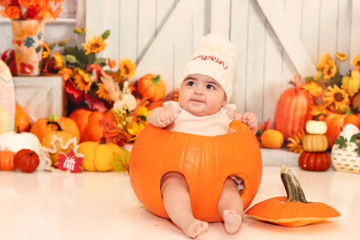 Kate Fall Pumpkin Backdrop White Barn Door Fallen Leaves Designed by Emetselch