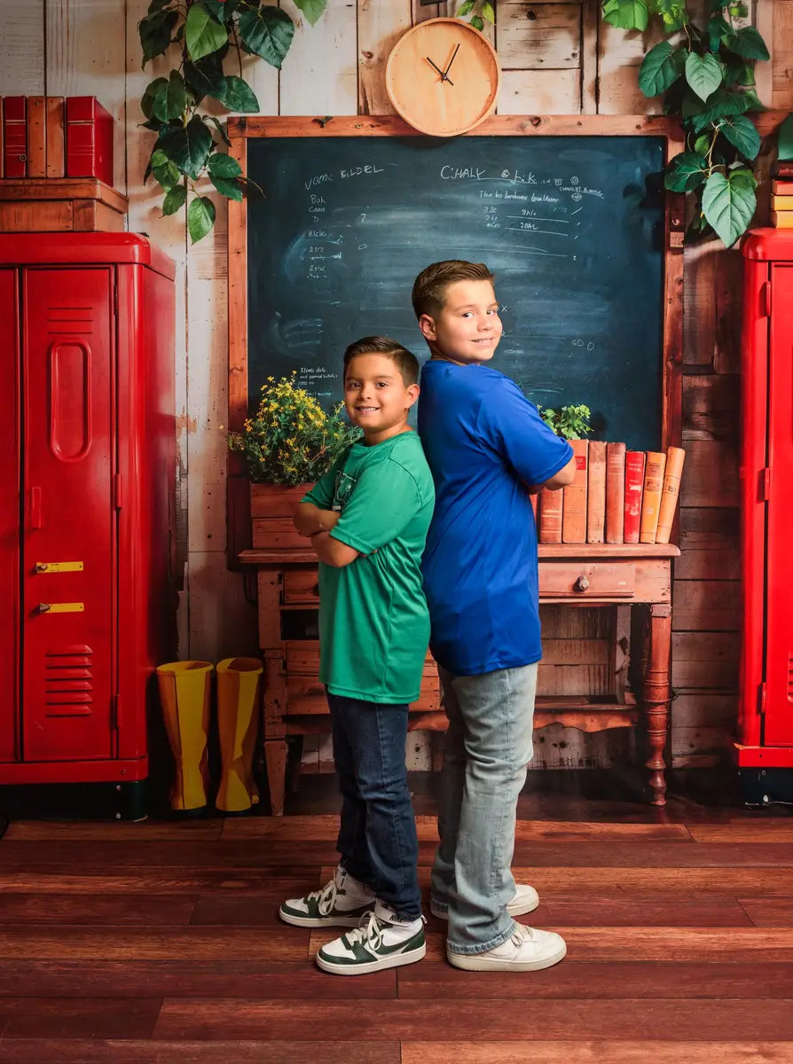 Kate Back to School Red Locker Blackboard Wooden Striped Wall Backdrop Designed by Emetselch