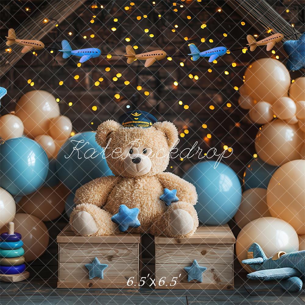 TEST Kate Cake Smash Teddy Bear Airplane Pilot Balloon Backdrop Designed by Laura Bybee