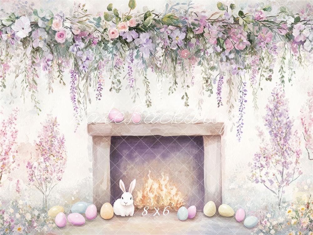 Kate Easter Cartoon Bunny Floral Fireplace Backdrop Designed by Mini MakeBelieve