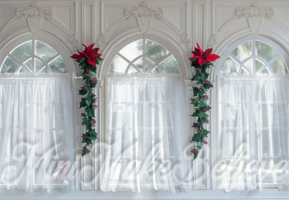 Kate Christmas White Curtain Vintage Floral Arched Window Backdrop Designed by Mini MakeBelieve