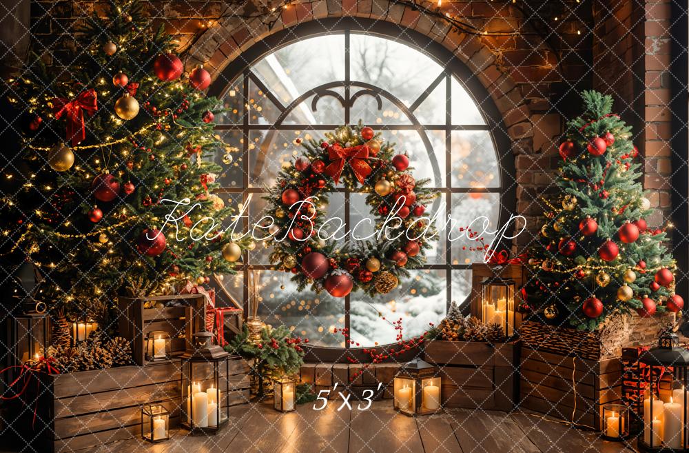 Kate Winter Christmas Indoor Circular Window Brick Wall Backdrop Designed by Emetselch