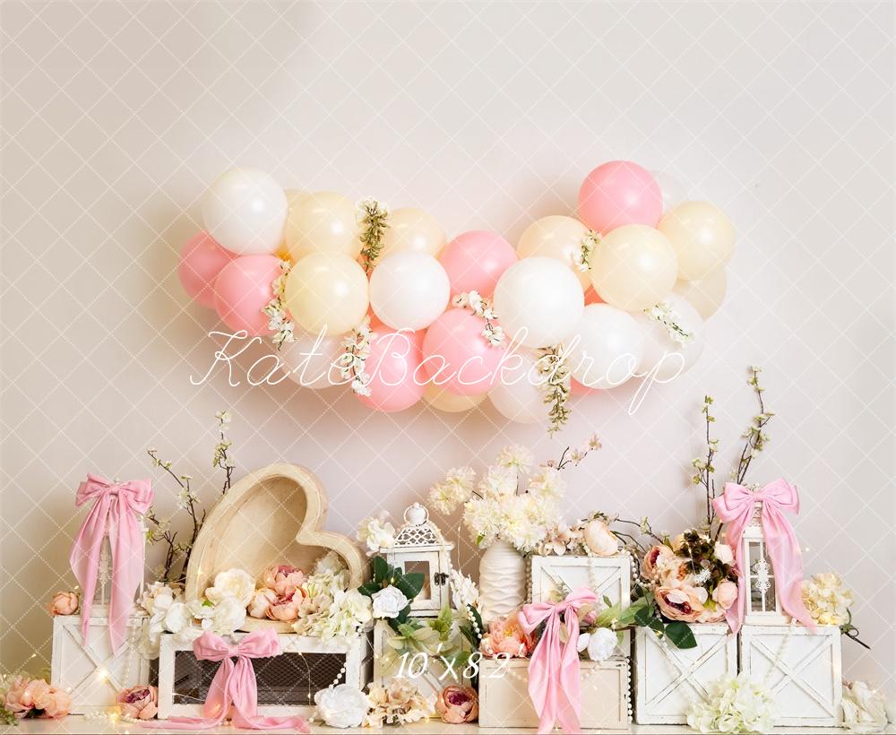 Kate Floral Balloon Heart Pink Bows Backdrop Designed by Megan Leigh Photography