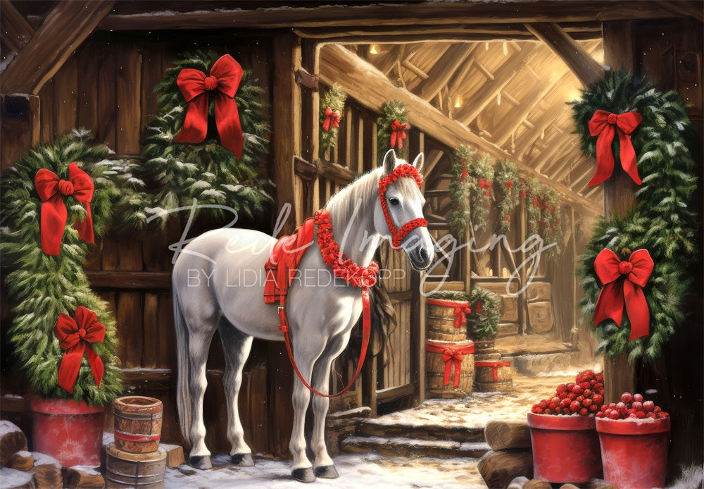 Kerstkrans Barn White Horse Foto Achtergrond Designed by Lidia Redekopp