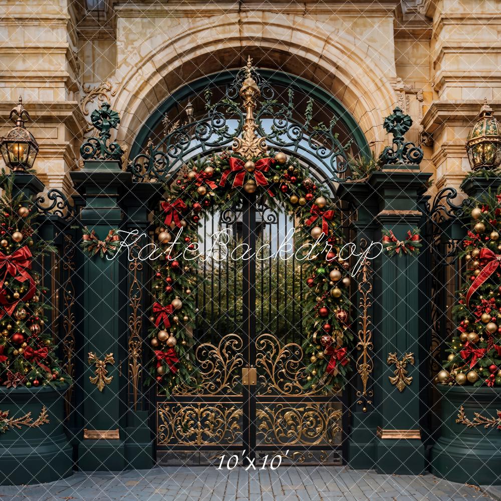 Kate Christmas Golden Vintage Floral Dark Green Gate Backdrop Designed by Emetselch