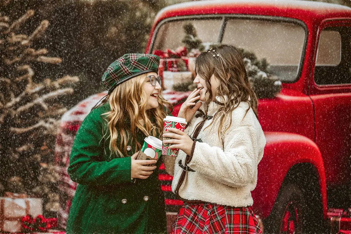 Kate Christmas Red Truck Plaid Forest Backdrop Designed by Emetselch