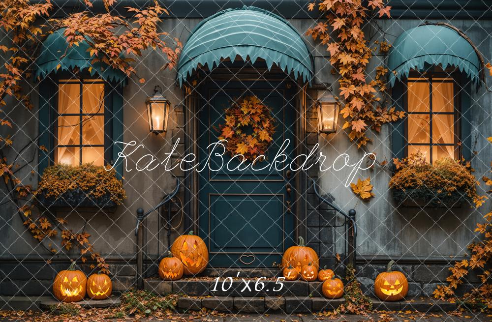 Kate Fall Halloween Maple Leaf Blue House Backdrop Designed by Emetselch