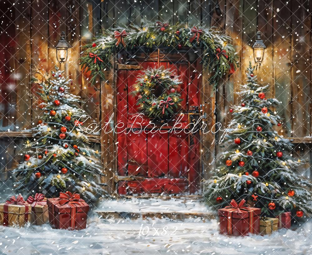 Kate Winter Christmas Red Door Wooden Cabin Backdrop Designed by Chain Photography