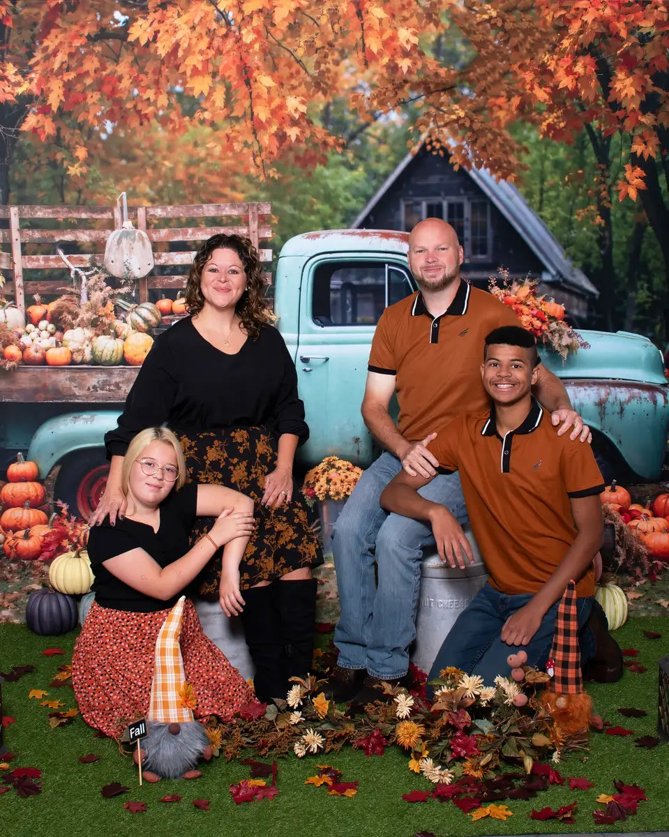 Kate Autumn Truck Golden Leaves Old House Backdrop Designed by Chain Photography