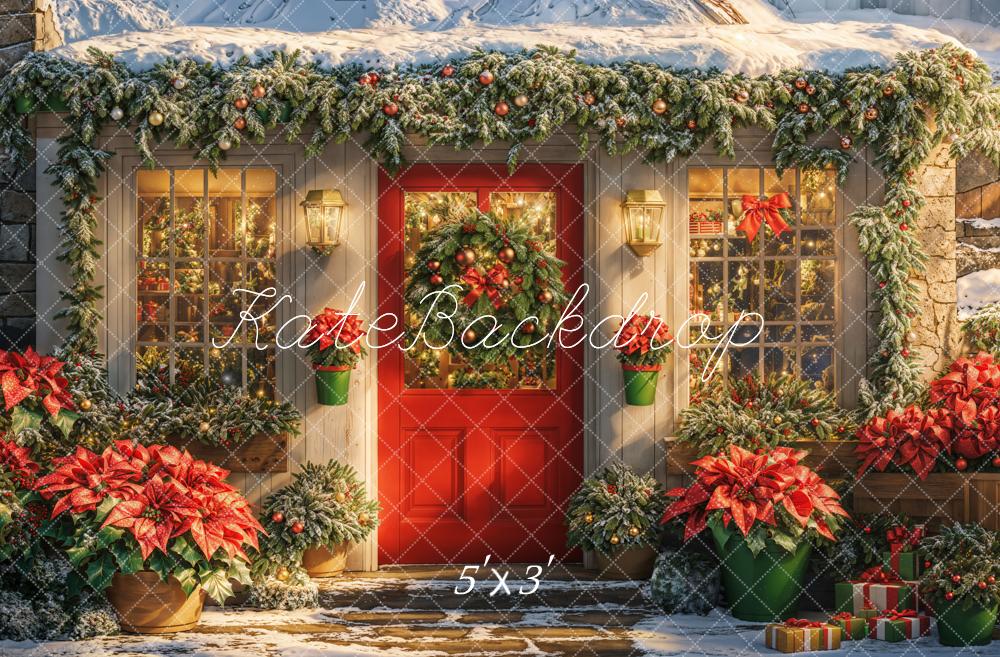 Kate Christmas Snowy House Poinsettia Backdrop Designed by Emetselch