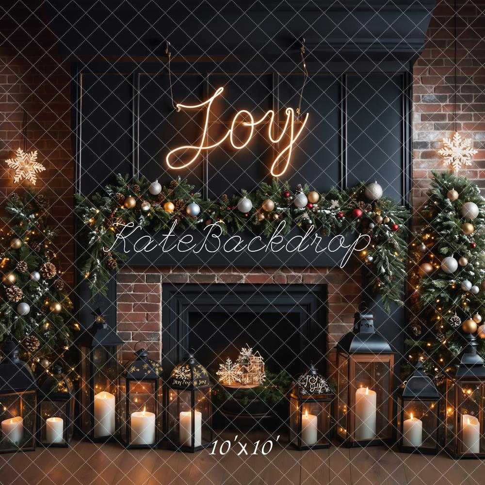 Kate Christmas Joy Sign Brown Brick Fireplace Black Wall Backdrop Designed by Emetselch